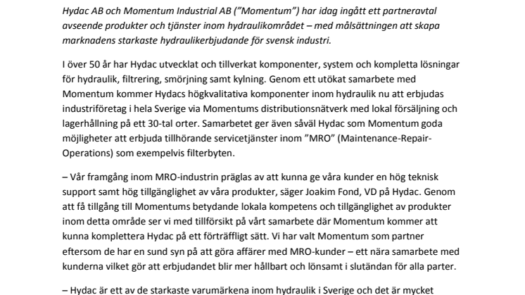 Hydac och Momentum Industrial skapar tillsammans marknadens starkaste hydraulikerbjudande till basindustrin