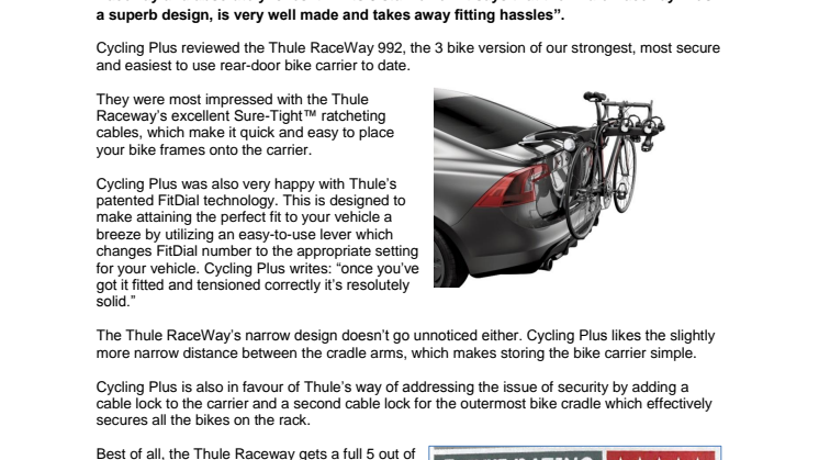 Cycling Plus Magazine Gives Thule Raceway 5/5 Star Review