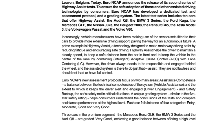 Euro NCAP Assisted Driving Grading - press release