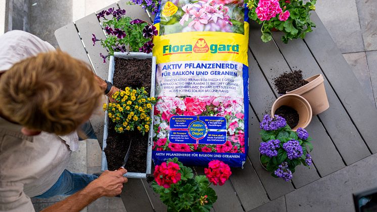  Die Aktiv Pflanzenerde für Balkon und Geranien von Floragard punktet mit Langzeitdünger.