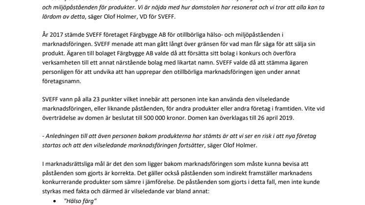 SVEFF vinner dom om otillbörliga miljö- och hälsopåståenden rörande färg
