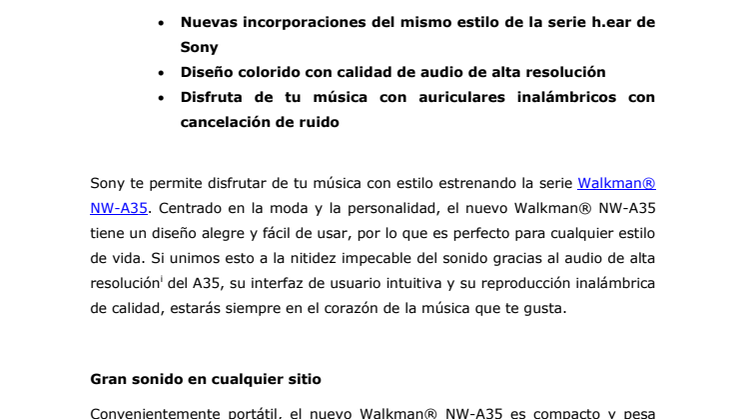 El nuevo Walkman® NW-A35 une la moda con el audio de alta resolución