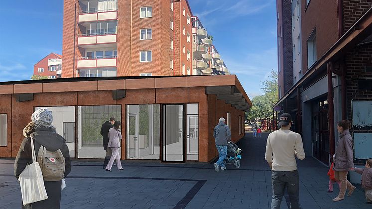 Ljus entré med stora fönster ger ett välkomnande intryck. Skissbild som visar planerna på nya arbetsplatser och rum för möten på Planteringens Wienertorg. 