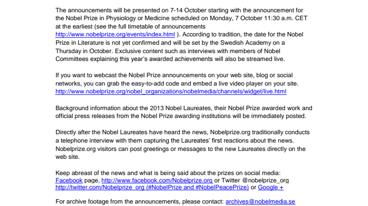 Live Webcast of 2013 Nobel Prize Announcements