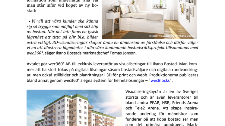 3D-visualiseringsbyrån wec360° AB skriver avtal med Ikano Bostad