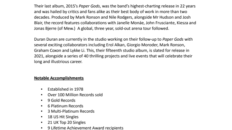 Duran Duran - kort biografi 2021 (engelska)
