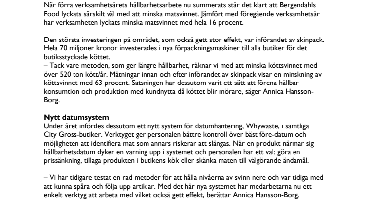 Bergendahls Foods första hållbarhetsrapport: Minskning av matsvinn med 16 procent