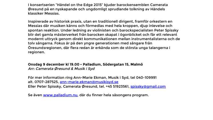 Händels Messias med Camerata Øresund & Peter Spissky på Palladium 9 december