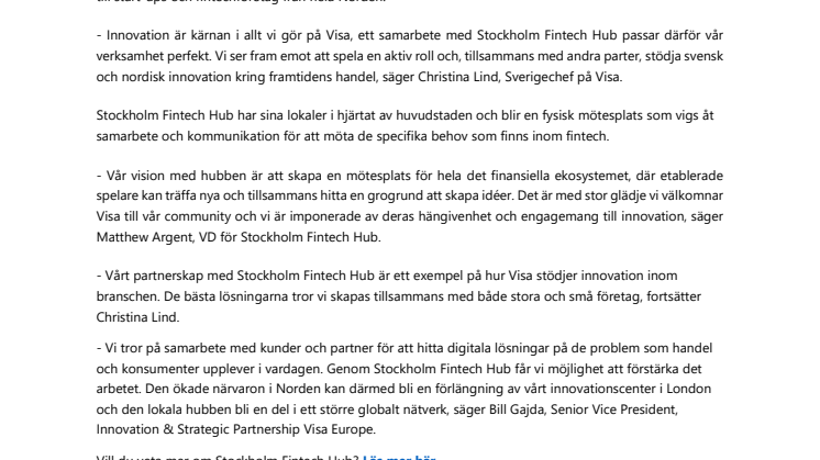 Visa driver innovation i Sverige - inleder samarbete med Stockholm Fintech Hub