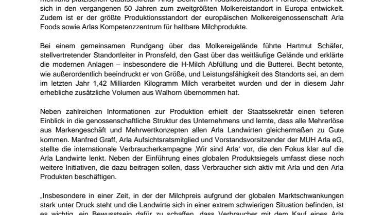 Staatssekretär Andy Becht zu Besuch am Arla Standort in Pronsfeld