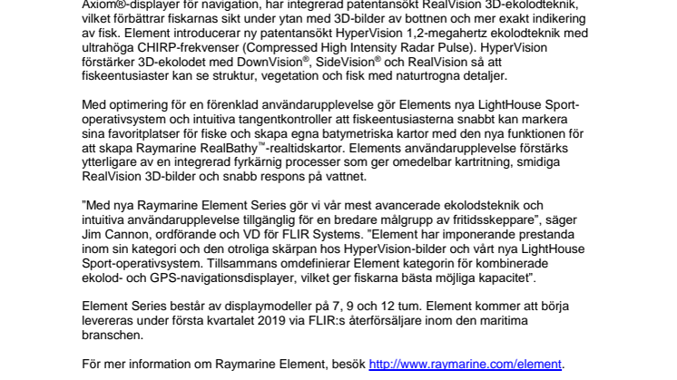 Raymarine: FLIR lanserar Raymarine Element Series med naturtrogna ekolodsbilder