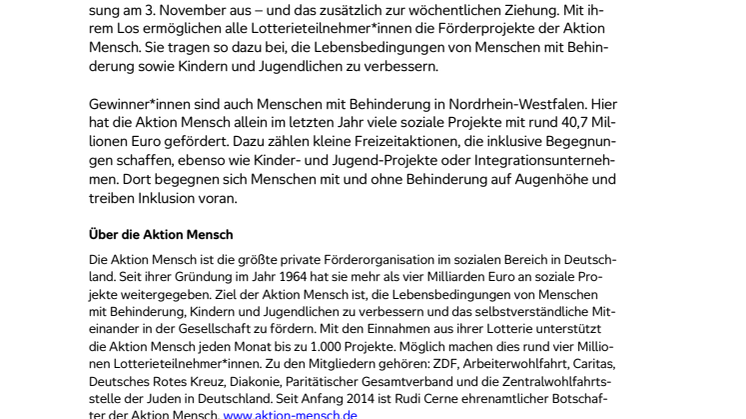 Solingen: Glückspilz gewinnt 1 Million Euro bei der Herbst-sonderverlosung der Aktion Mensch 