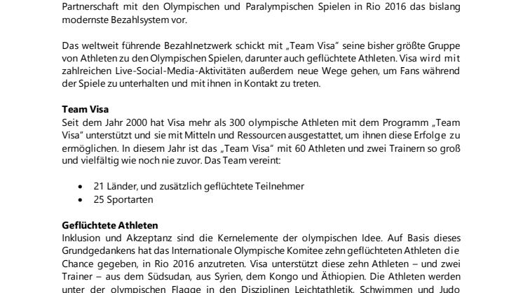 Visa feiert 30 Jahre olympische Partnerschaft mit neuen Wearables und einem starken "Team Visa" in Rio 2016