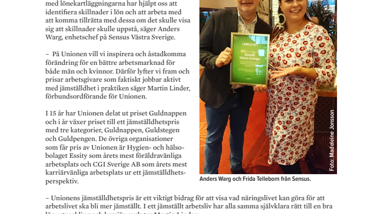 Sensus Västra Sverige får Unionens jämställdhetspris 2018
