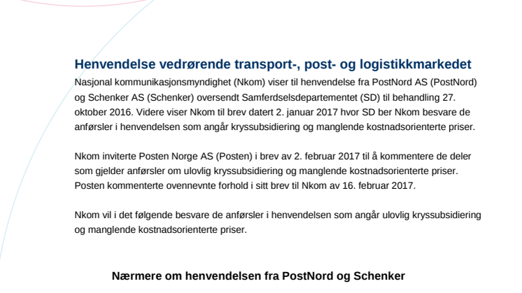 1700092-5 Henvendelse vedrørende transport-, post- og logistikkmarkedet