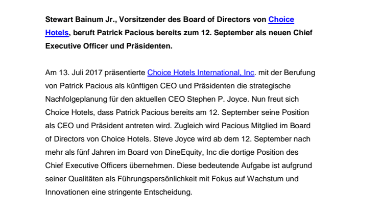 Choice Hotels ab 12. September mit neuem Chief Executive Officer