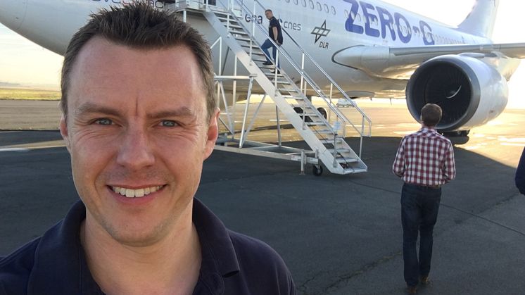 Professor Nick Caplan about to embark on a parabolic flight experiment in Bordeaux, France.