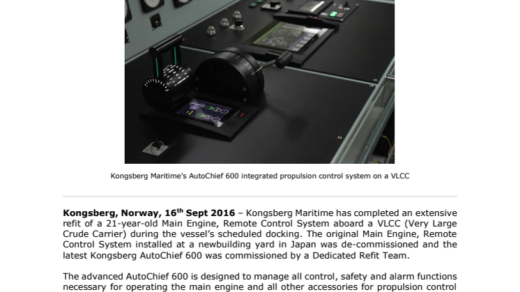 Kongsberg Maritime: KONGSBERG Integrated Propulsion Control System Refit Helps Older VLCC to ‘GoGreen’