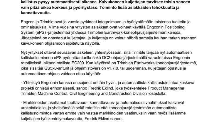 Engcon kallistuu nyt automaattisesti Trimblen ohjaamana – tehokkuus lisääntyy