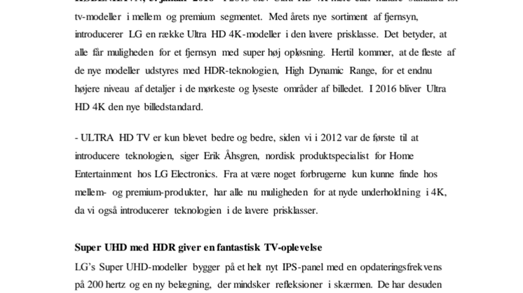 LG UDVIDER TV-PORTEFØLJEN OG GØR ULTRA HD 4K TILGÆNGELIG FOR ALLE