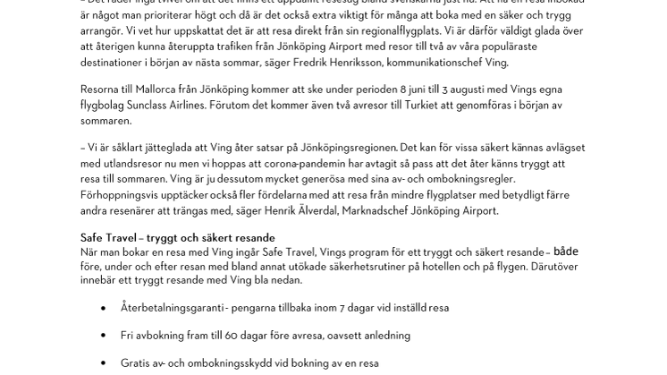 Ving släpper sommarresor till Mallorca från Jönköping Airport.