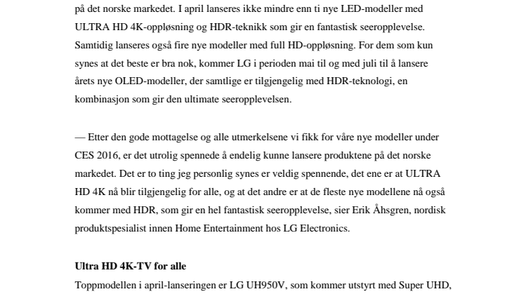 LG LANSERER ÅRETS BESTE TV-MODELLER  PÅ DET NORSKE MARKEDET