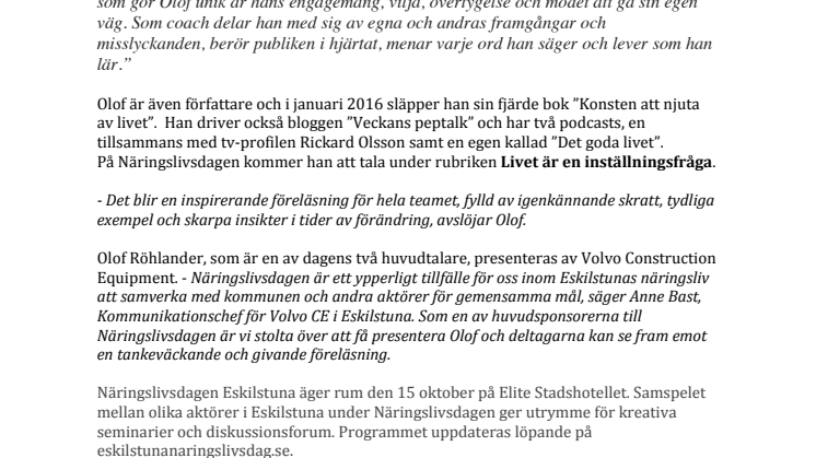 Olof Röhlander är en av årets huvudtalare på Näringslivsdagen i Eskilstuna