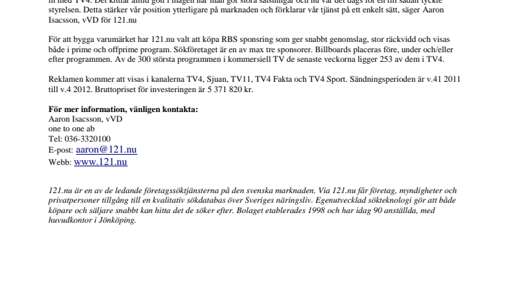 121.nu satsar på rikstäckande TV-reklam i TV4- Gruppens kanaler