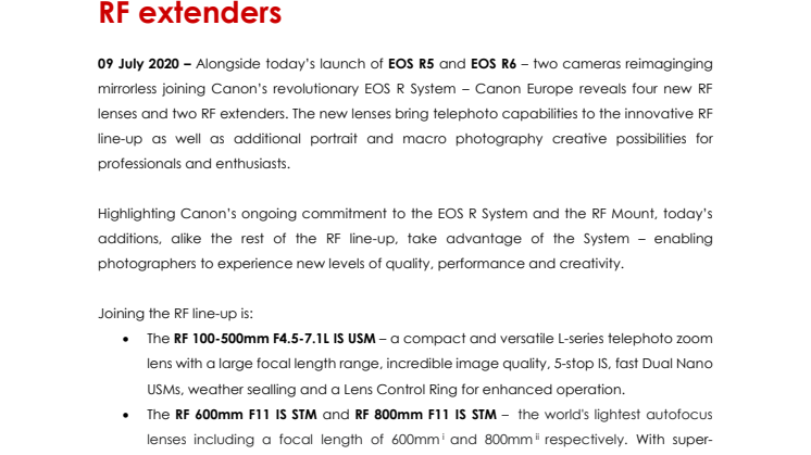 Canon launches four new RF lenses – expanding the line-up’s capabilities to super-telephoto photography – plus two RF extenders