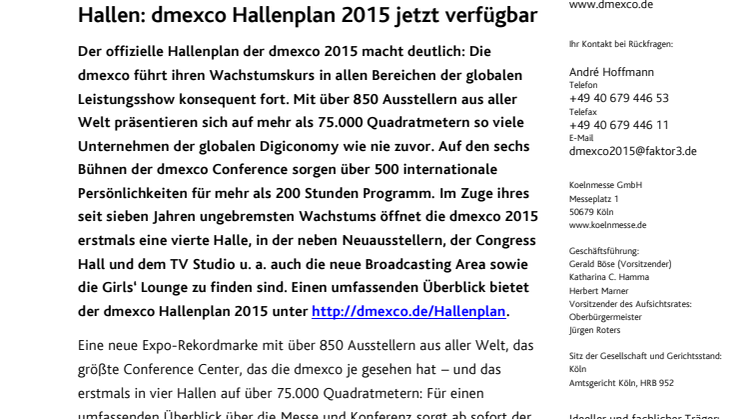 Digiconomy auf 75.000 Quadratmetern in vier Hallen: dmexco Hallenplan 2015 jetzt verfügbar