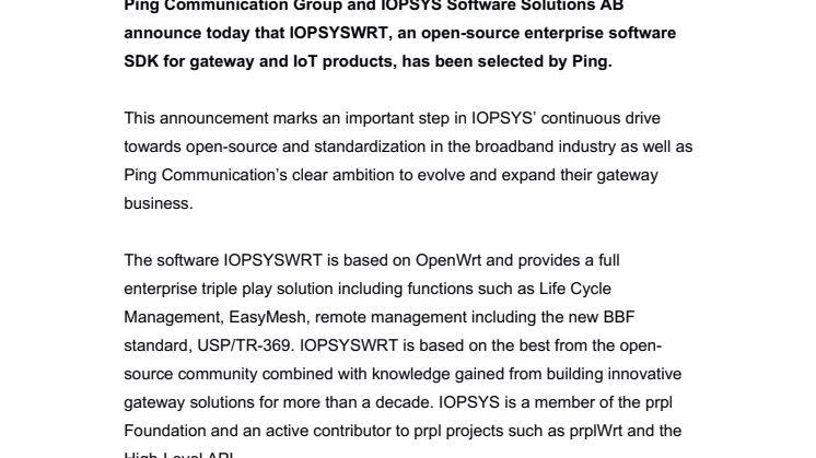 Ping Communication selects IOPSYS as software partner for broadband gateways