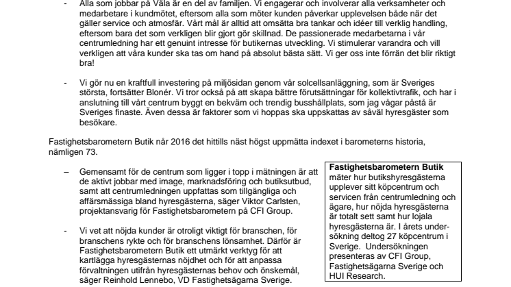 Hyresgästerna ger Väla Centrum nio raka segrar 