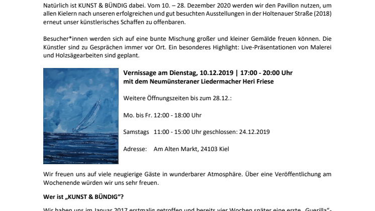 Einladung zur Vernissage: Kunst & Bündig im Pop Up Pavillon in Kiel