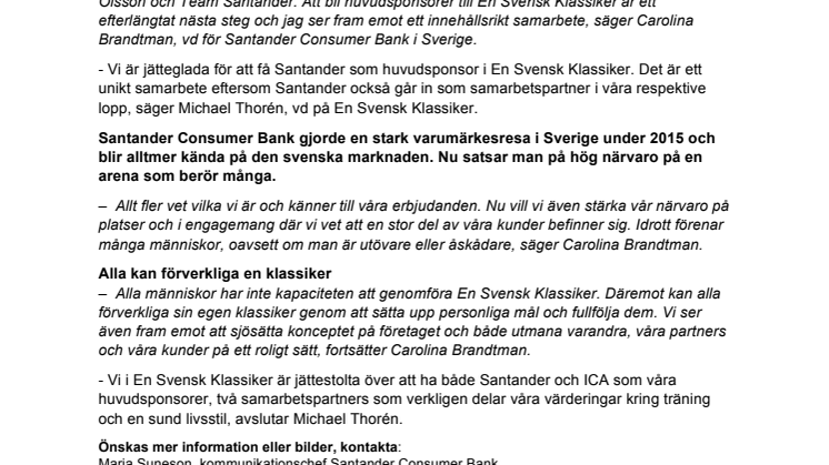 Santander blir unik huvudsponsor till En Svensk Klassiker