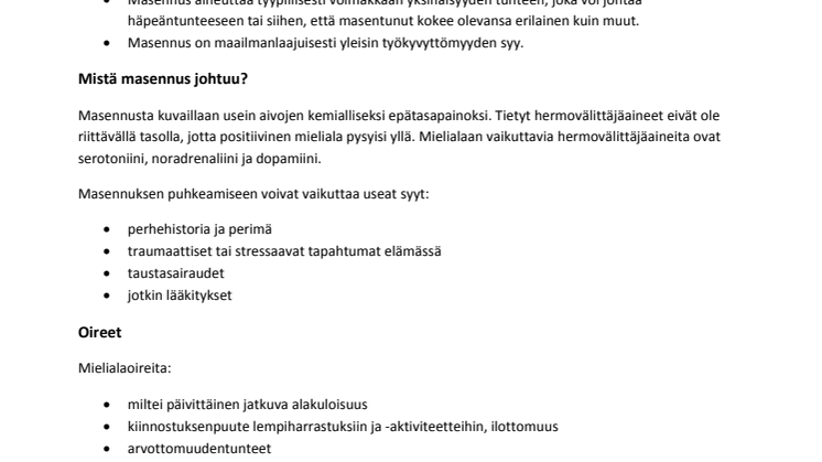 Taustatietoa masennuksesta ja siihen liittyvästä fyysisestä kivusta
