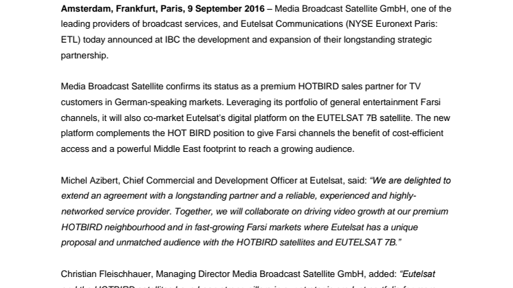 IBC 2016: Media Broadcast Satellite and Eutelsat enter new phase of longstanding strategic partnership 