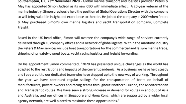Peters & May appoints Simon Judson as new CEO