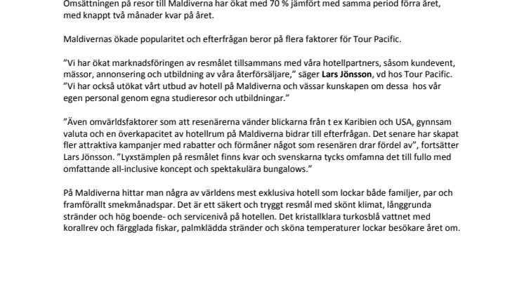 Svenskarnas sug efter Maldiverna skapar rekordsiffror hos Tour Pacific