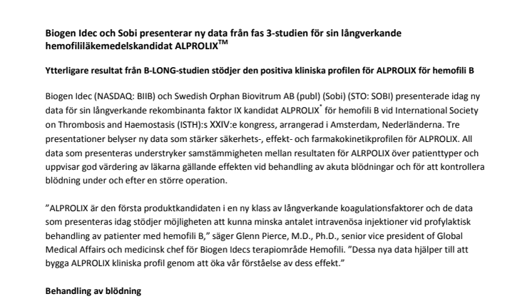 Biogen Idec och Sobi presenterar ny data från fas 3-studien för sin långverkande hemofililäkemedelskandidat ALPROLIX (TM)