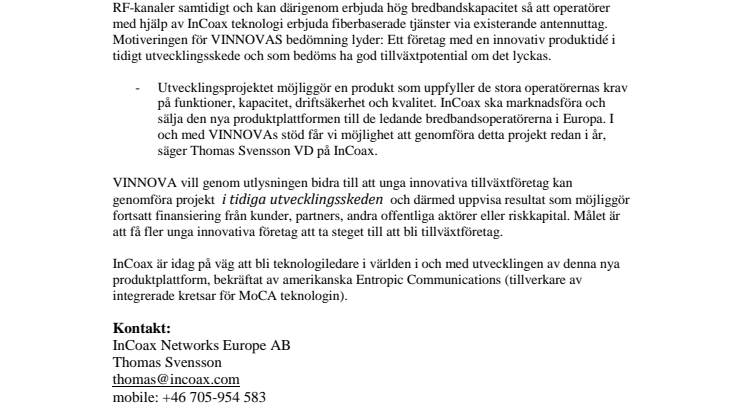 InCoax får 500 000 kr i beviljat stöd från VINNOVA