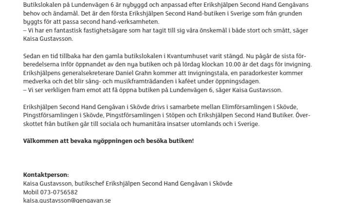 Erikshjälpen Second Hand i Skövde öppnar i ny lokal
