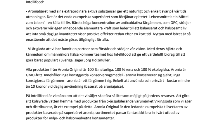 Intellifood utsedd till svensk distributör för Aronia Original