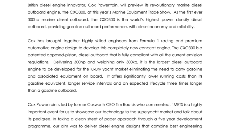 Cox Powertrain: World's Highest Power Density Marine Diesel Outboard to be Previewed at METS