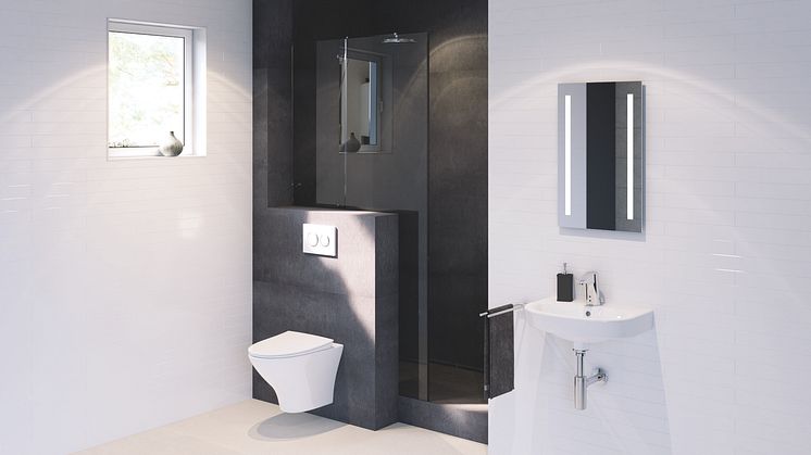 Koteloon asennettu seinä-wc, Duofix Omega -asennuselementti ja Ido Glow 66 -istuin
