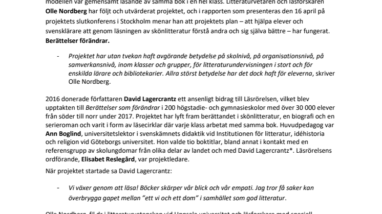 "Ett fantastiskt kvitto på litteraturens kraft” – en forskningsrapport om Läsrörelsens projekt BERÄTTELSER SOM FÖRÄNDRAR