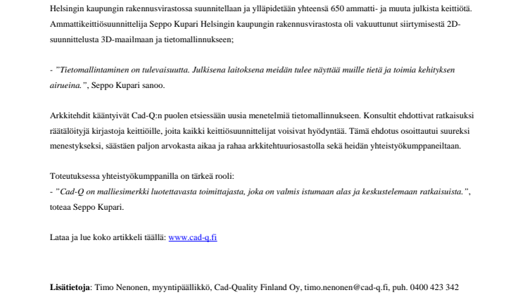Helsingin kaupunki on edelläkävijä tietomallinnuksen käyttöönotossa