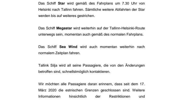 Tallink Silja ändert die Abfahrten zwischen Tallinn und Helsinki ab dem 18. März 2020