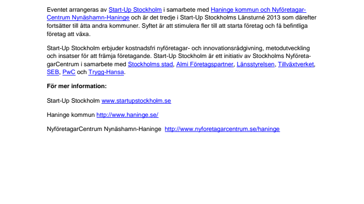 Start-Up Stockholms tredje event sker i Haninge den 26 april