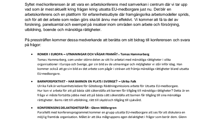 Inbjudan till pressträff i samband med konferensen Utsatta EU-medborgare,  6-7 okt 2016 