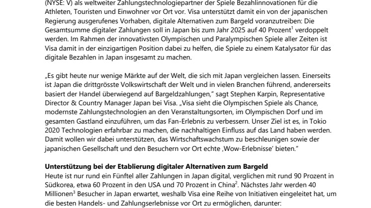 Ein Jahr vor Olympischen Spielen in Tokio 2020: Visa plant weitere Etablierung des bargeldlosen Bezahlens in Japan